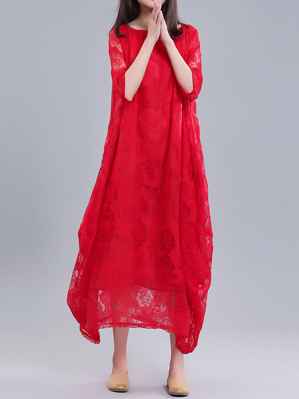 A-Line Half Sleeves Flower Print See-Through Solid Color Round-Neck Midi Dresses