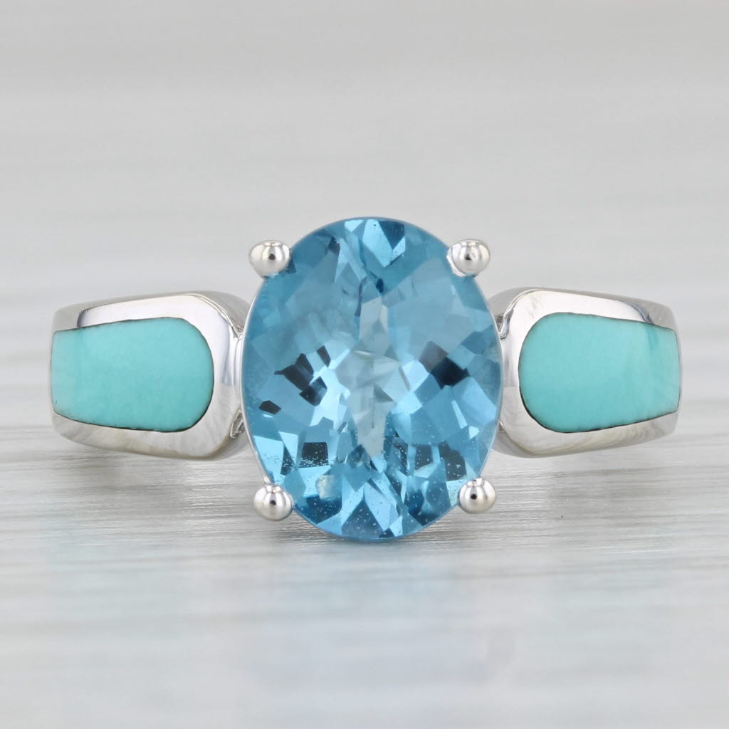 3.10ct Oval Blue Topaz Enamel Ring 10k White Gold Size 6