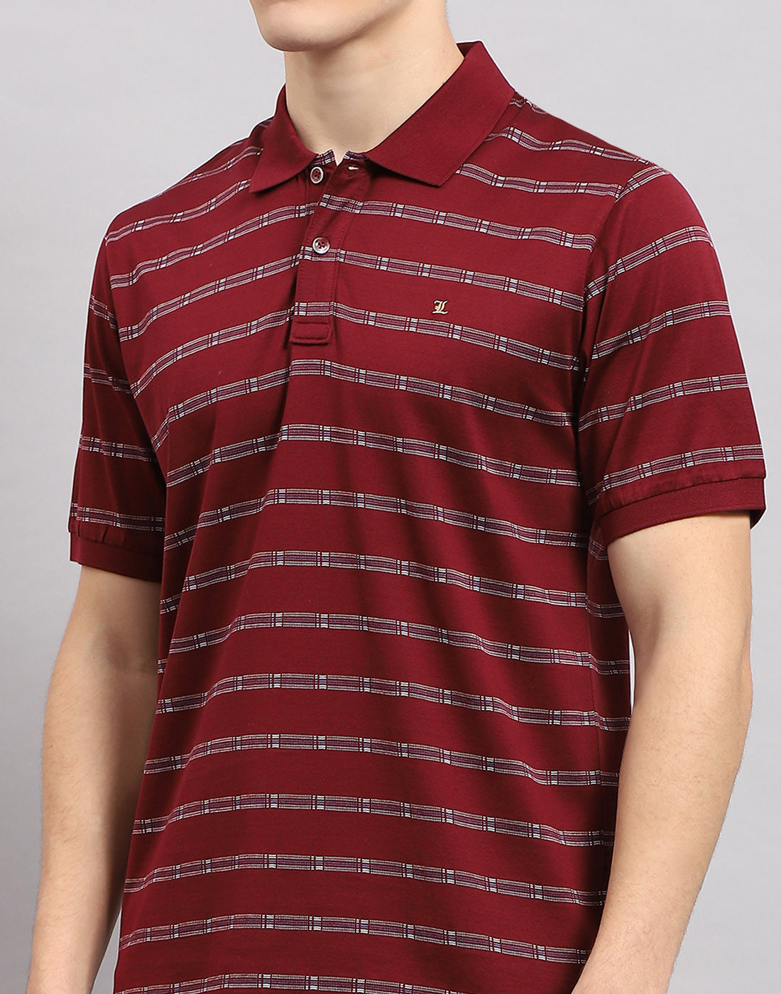 Men Maroon Stripe Polo Collar Half Sleeve T-Shirt