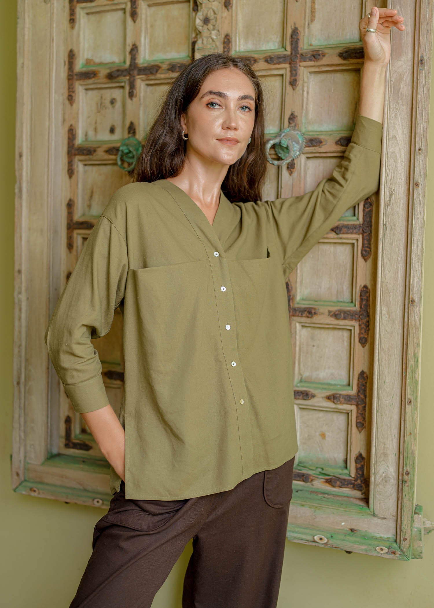 Button Down Blouse With Large Pockets