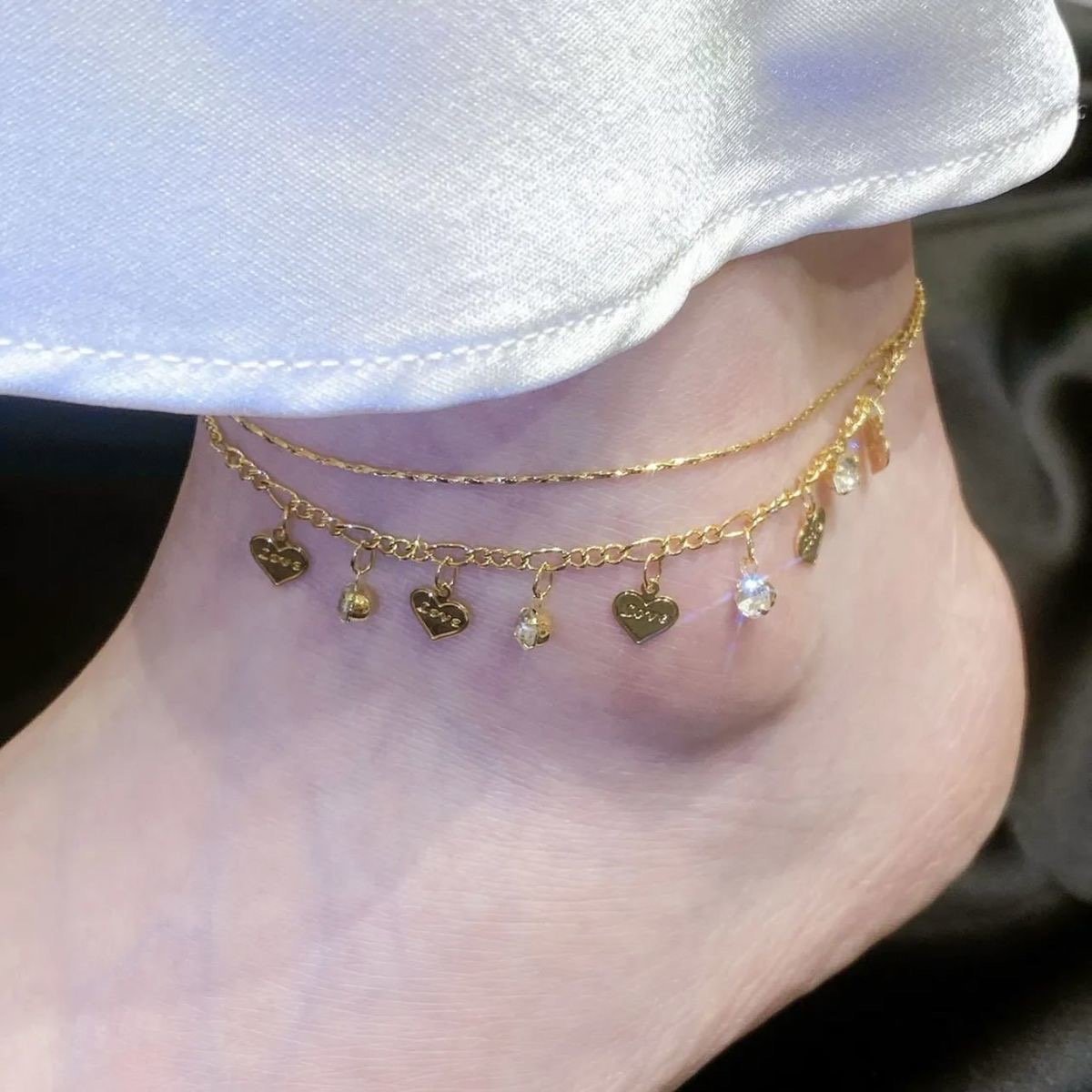 🌹Double Layer Rhinestones Heart Anklet