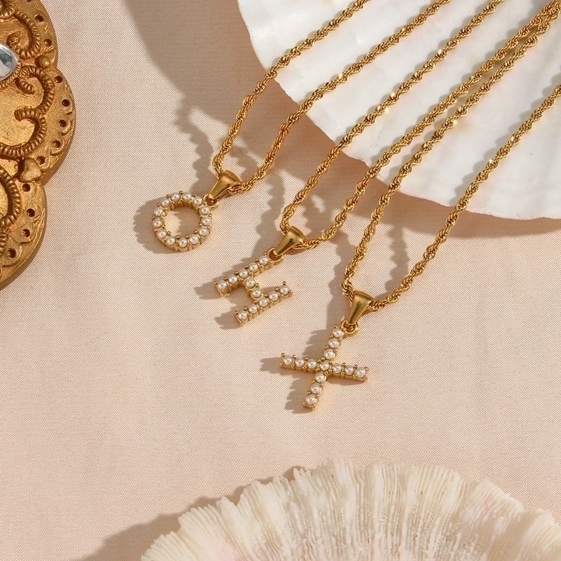 Fashion Letter 304 Stainless Steel Pearl 18K Gold Plated Plating Inlay Pendant Necklace