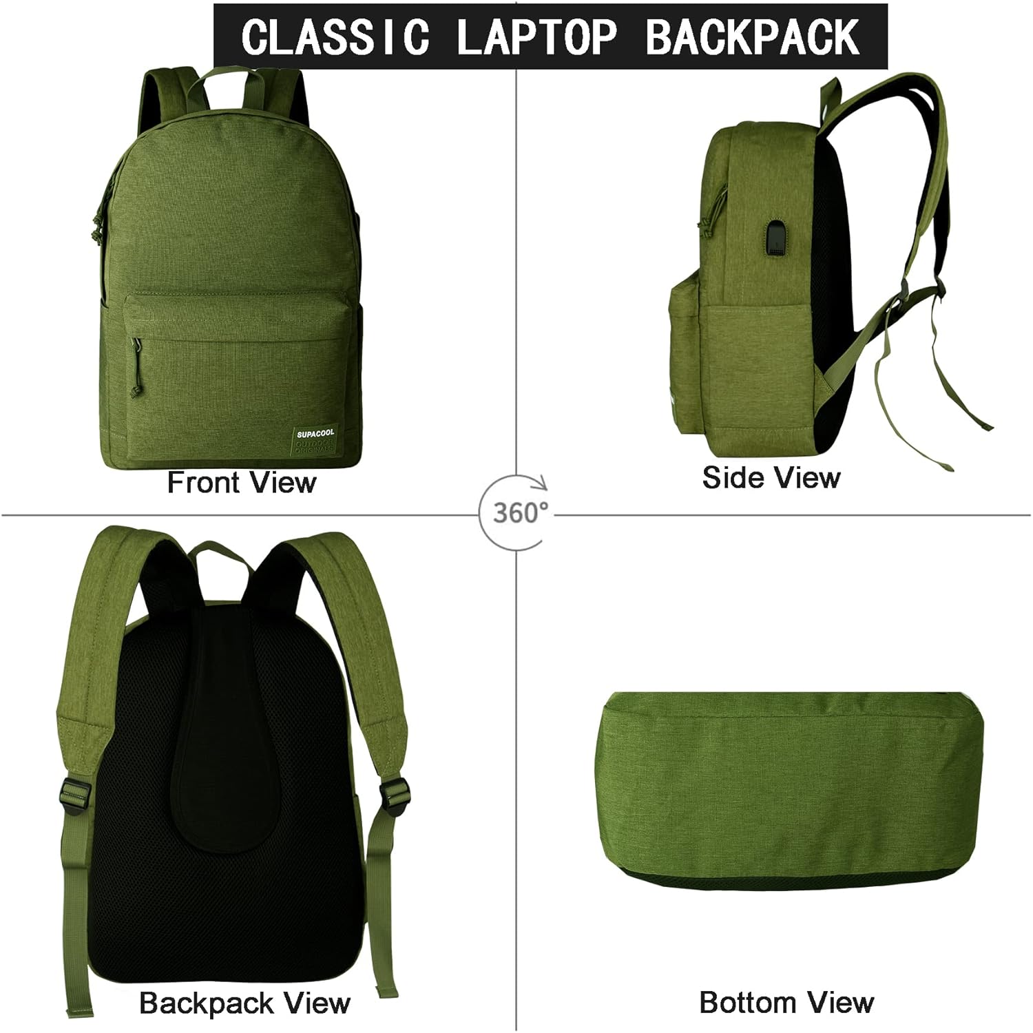 SUPACOOL Casual Laptop Backpack for Men and Women, School Backpack for Boys and Girls, College Bookbag, USB Charging Port, Lightweight Back Pack(Black)