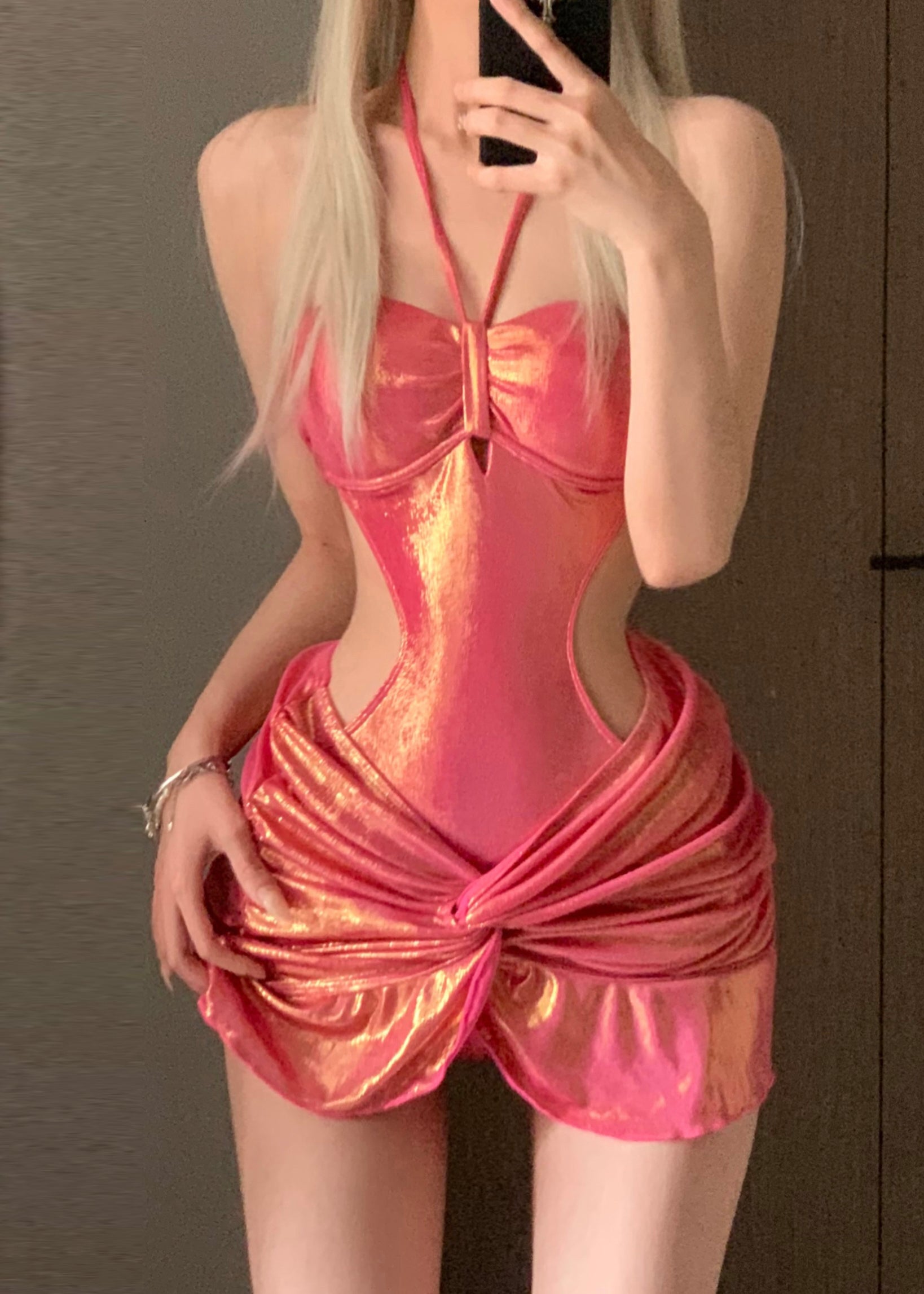 New Red Halter Wrinkled Bodysuit And Skirts Lingerie Sets