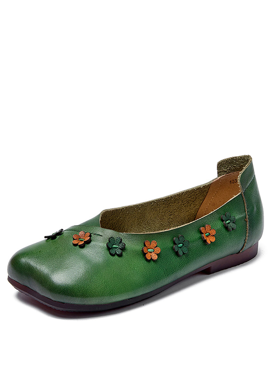 Women Vintage Summer Leather Flower Spliced Flat Shoes