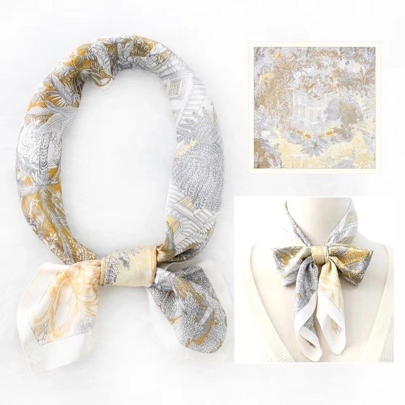 2 Pieces Women's Elegant Plaid Flower Horse Satin Silk Scarf
