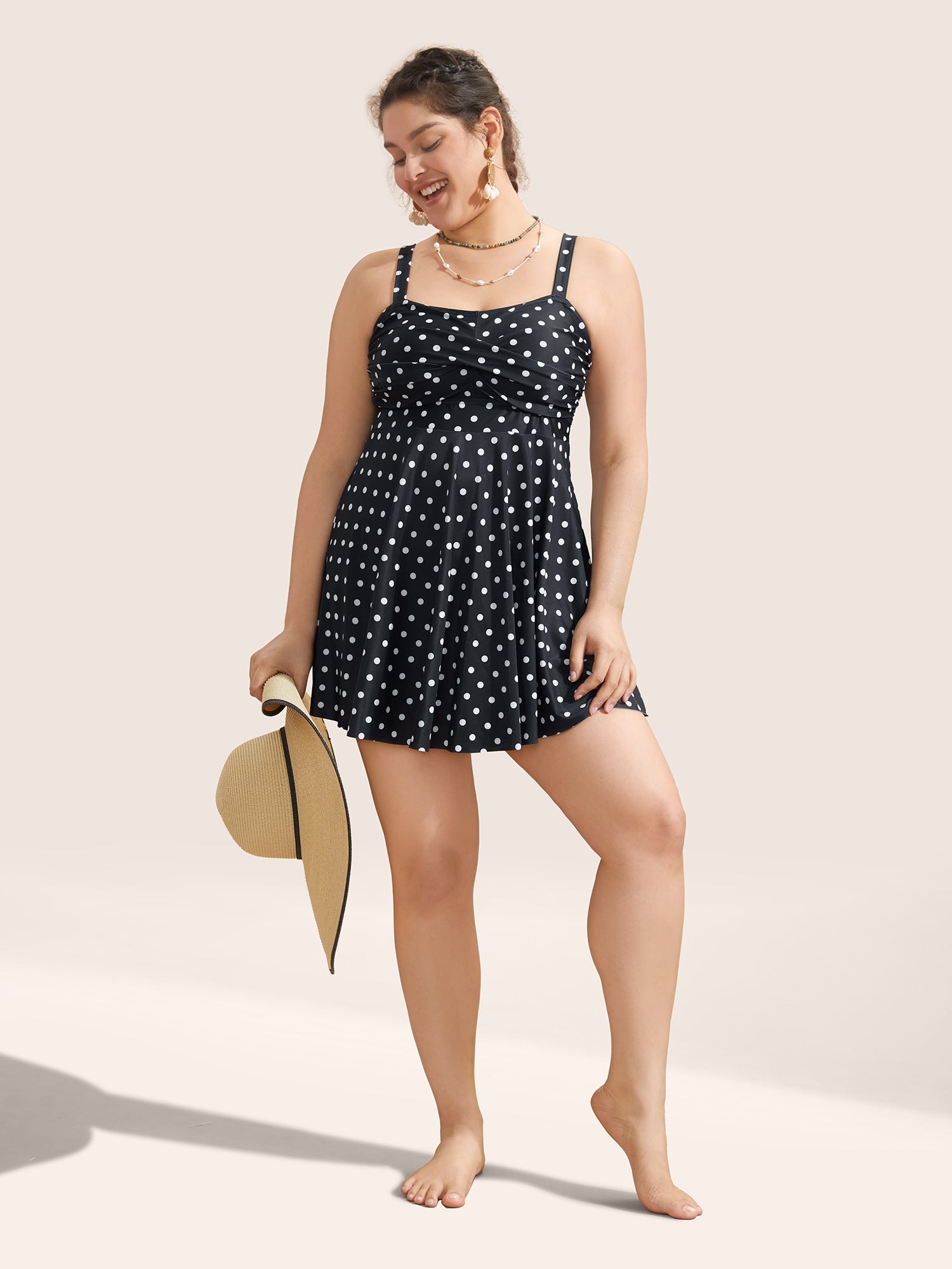 Polka Dot Crossover Ruched Flutter Hem Swim Dress