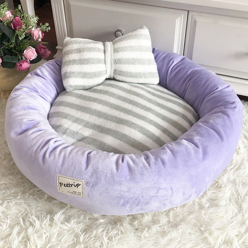 Sweet Soft Striped Bowknot Pillow Dog Cat Bed