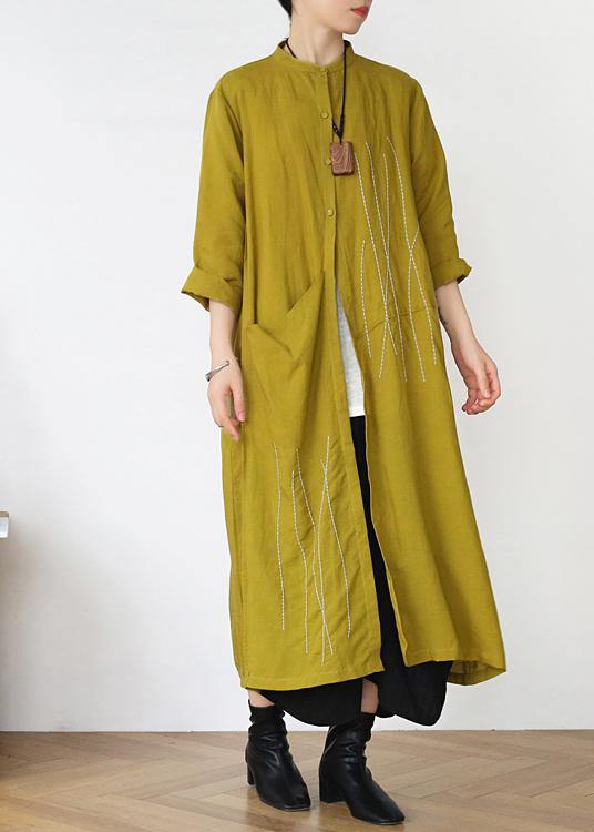 Plus Size Yellow Peter Pan Collar Linen Long Spring Coat
