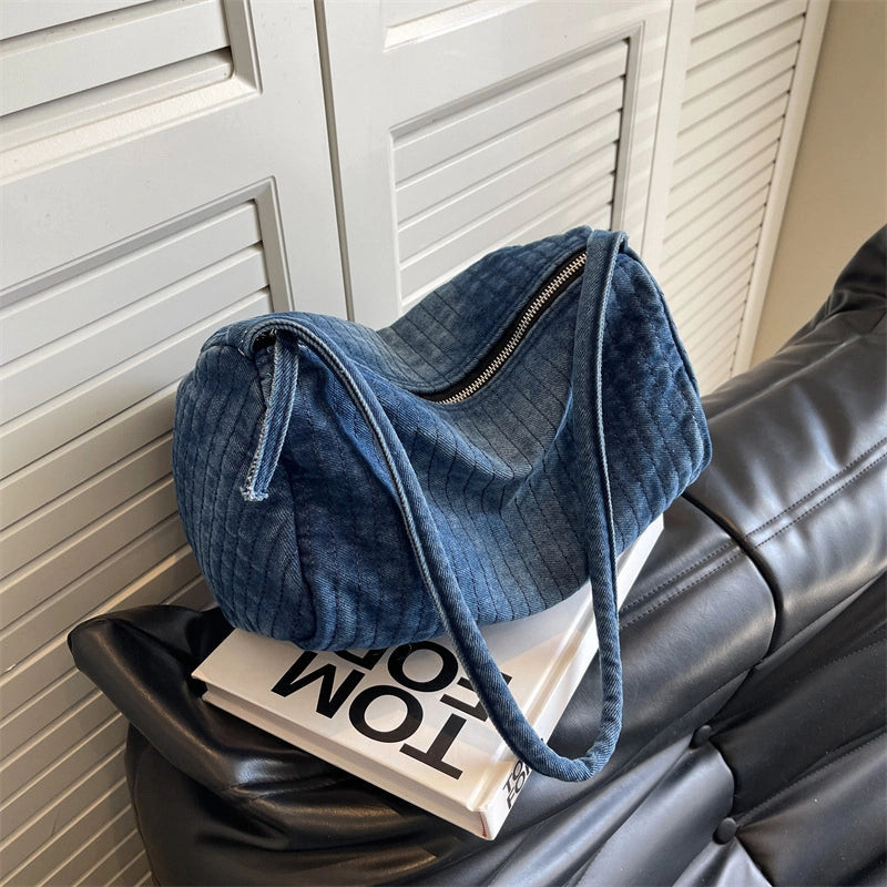 Women's Large Denim Solid Color Streetwear Pillow Shape Zipper Shoulder Bag Crossbody Bag