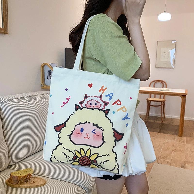 Women's Medium Canvas Cartoon Cute Square Zipper Shoulder Bag