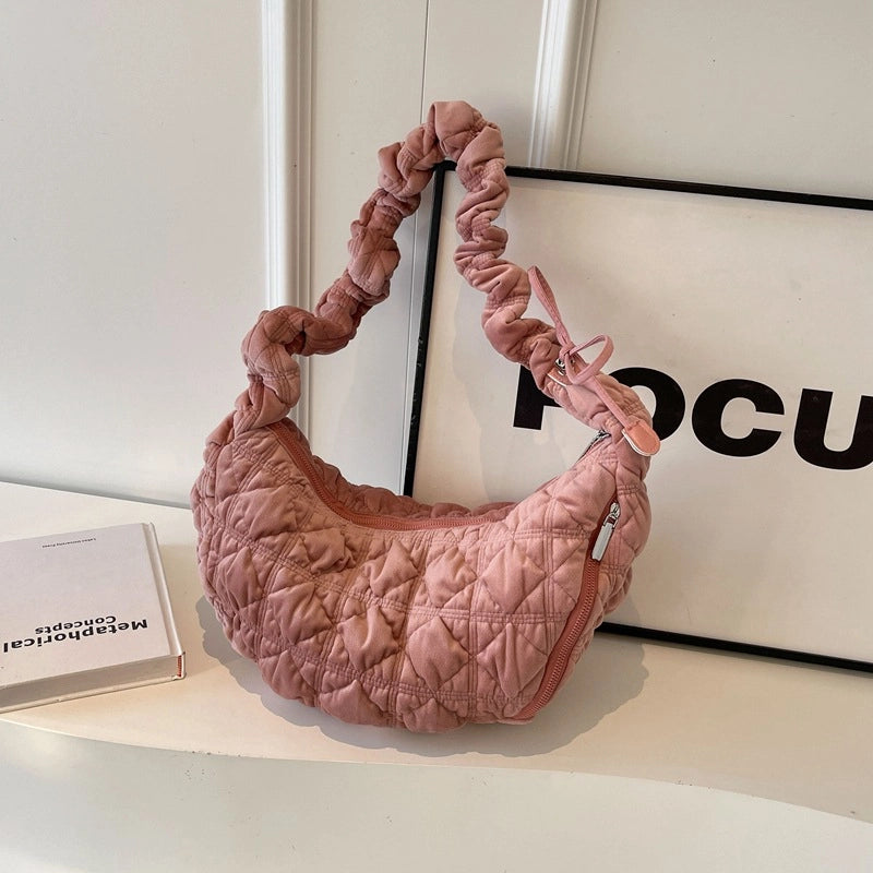 Women's Large Flannel Solid Color Streetwear Dumpling Shape Zipper Shoulder Bag