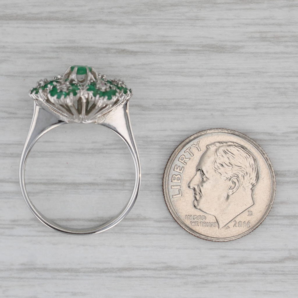 0.74ctw Emerald Diamond Flower Cluster Ring 18k White Gold Size 6.75