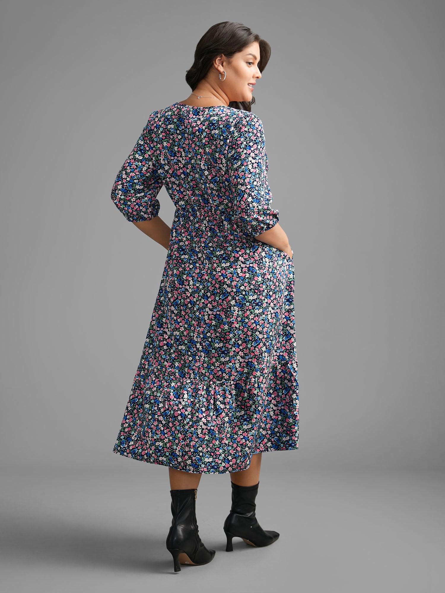 Ditsy Floral Lantern Sleeve Ruffle Hem Dress