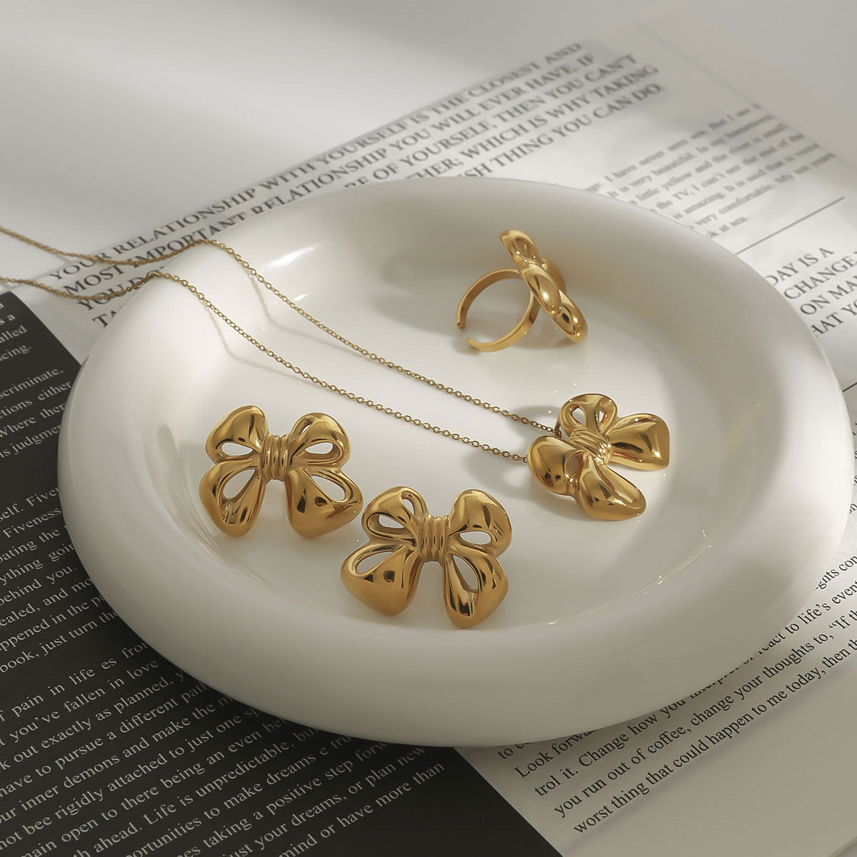 Bowknot Titanium Steel Necklace Earrings Ring Stainless Steel