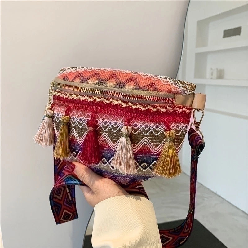 Women's Basic Ethnic Style Color Block Stripe Straw Waist Bags