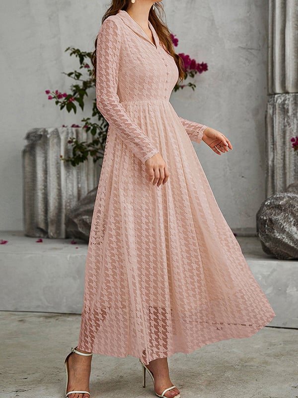 High Waisted Long Sleeves Buttoned Gauze See-Through Solid Color V-Neck Maxi Dresses