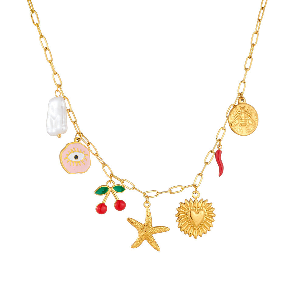 Fashion Cartoon Fruit Cherry Oil Drop Pendant Love Eyes Starfish Stainless Steel Chain Women'S Necklace