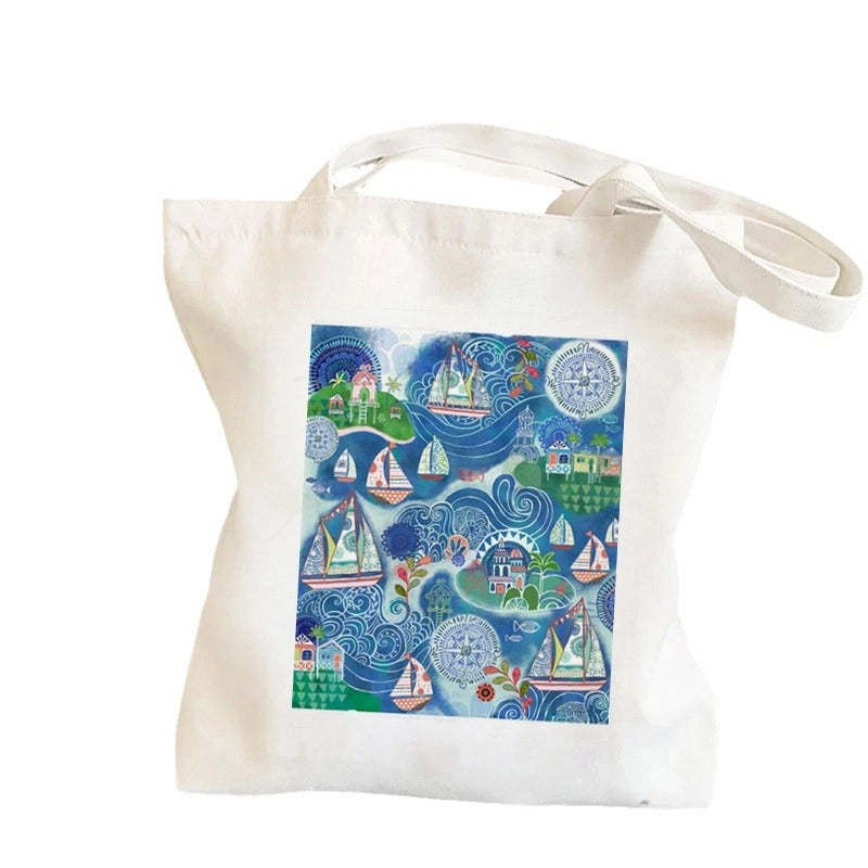 Women's Large Canvas Portrait Letter Flower Streetwear Square Open Shoulder Bag