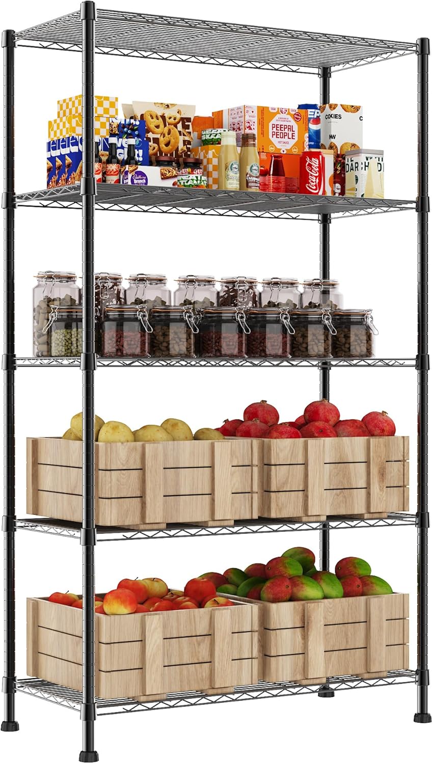 REGILLER 5-Wire Shelving Metal Storage Rack Adjustable Shelves,Standing Storage Shelf Units for Laundry Bathroom Kitchen Pantry Closet(Black,11.8