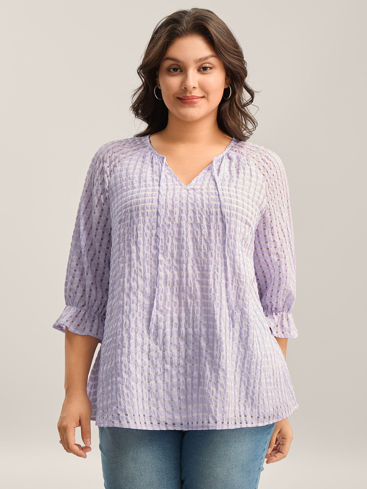 Grid Textured Keyhole Tie Blouse