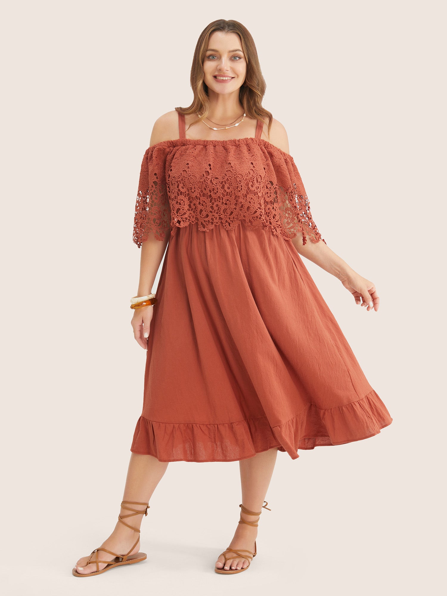 Solid Cold Shoulder Contrast Lace Pocket Ruffle Hem Dress