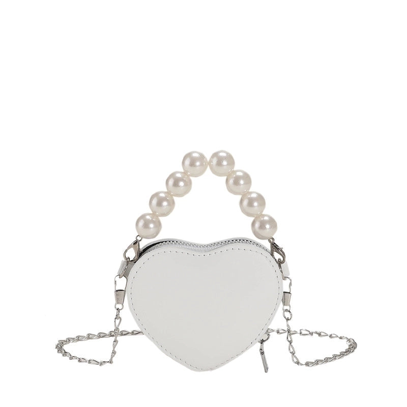 Women's Small Pu Leather Heart Shape Streetwear Pearl Heart-shaped Zipper Crossbody Bag
