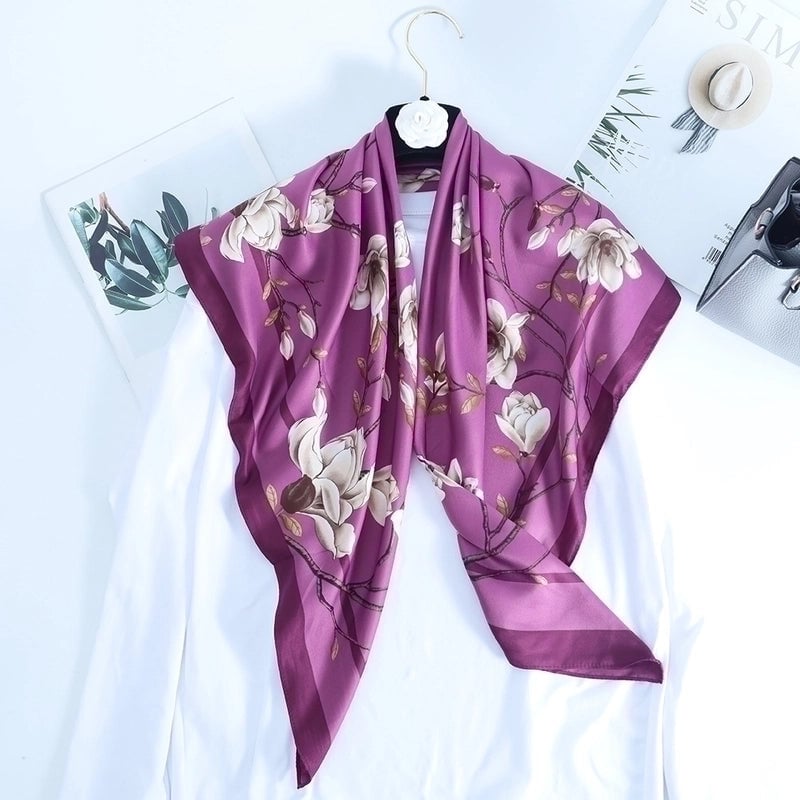 Women's Basic Minimalist Color Block Flower Satin Silk Scarf