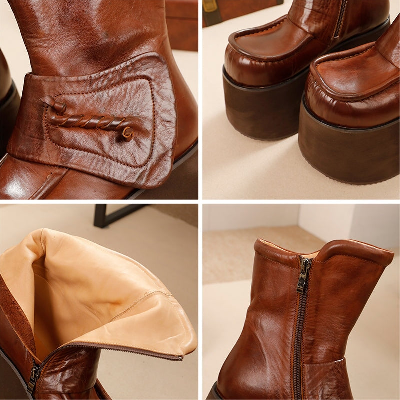 Retro Boots For Women Leather 90mm Platform Boots Touch-strap in Black/Coffee