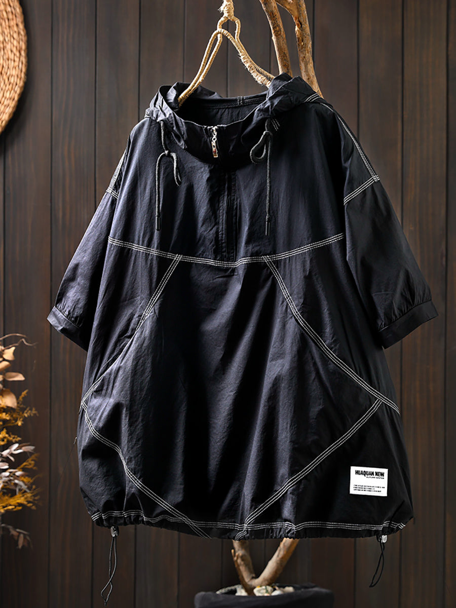 Women Summer Artsy Drawstring Hooded Cotton Shirt