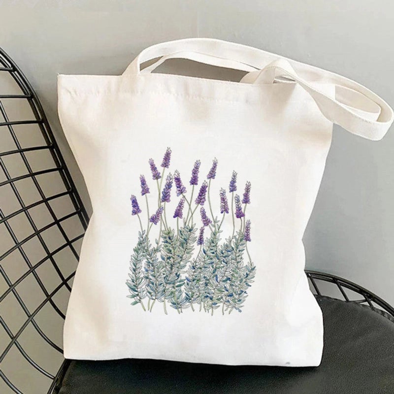 Women's Medium Canvas Flower Basic Classic Style Square Open Canvas Bag