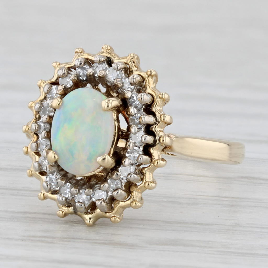 Oval Opal Cabochon Diamond Halo Ring 14k Yellow Gold Size 6.5