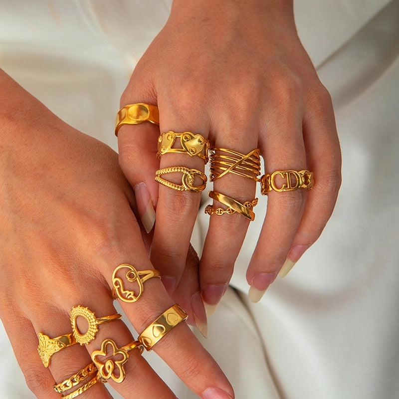 Minimalist Classic Style Leaf Heart Shape Flower Titanium Steel Plating Rings
