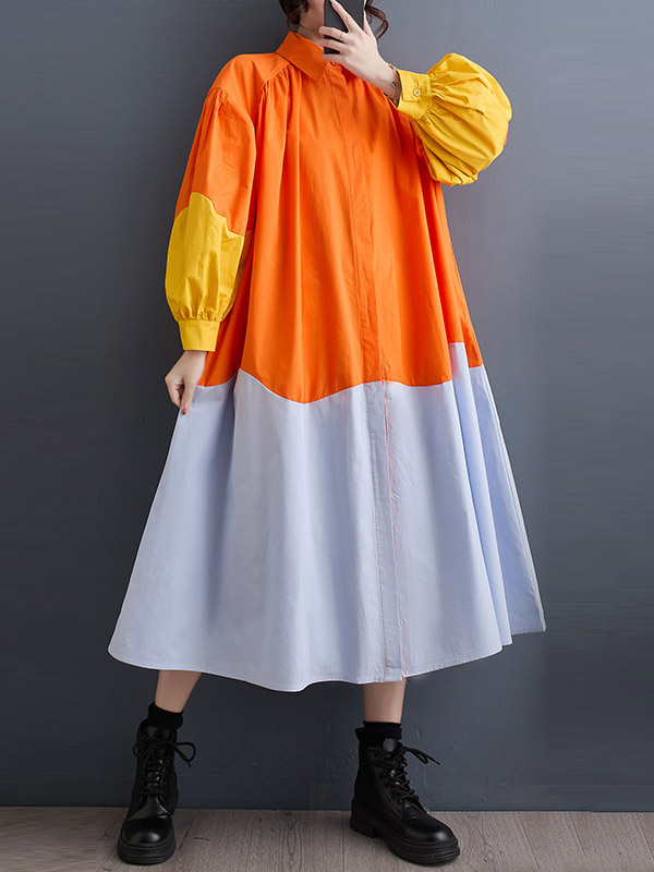 Loose Puff Sleeves Contrast Color Pleated Split-Joint Lapel Midi Dresses Shirt Dress