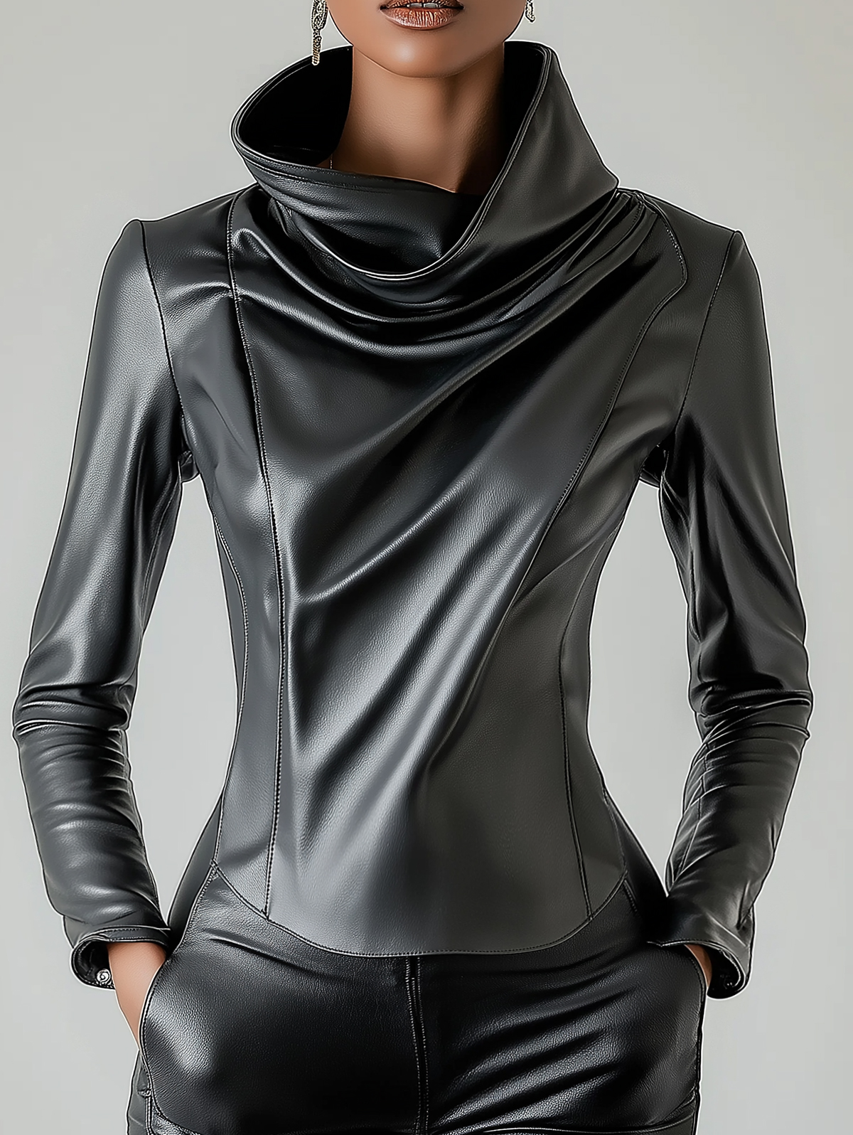 Ursime Cowl Neck Long Sleeve PU Leather Blouse