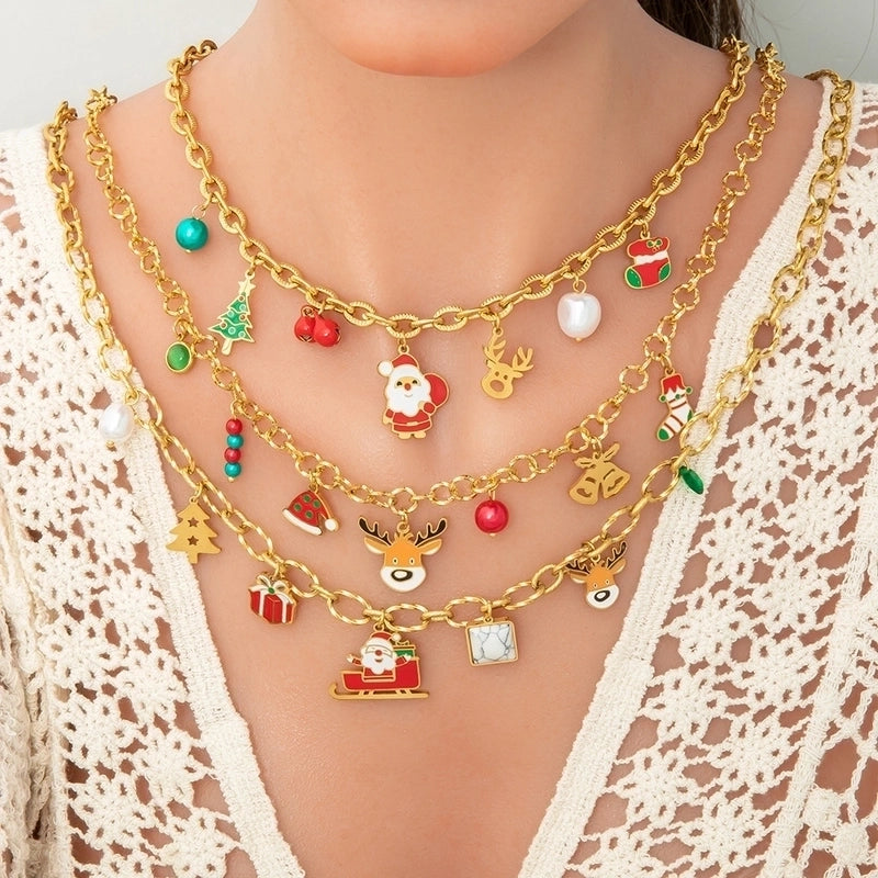 Christmas Classic Style Commute Christmas Tree Sled Elk 304 Stainless Steel Acrylic Artificial Pearls 18K Gold Plated Epoxy Plating Bracelets Earrings Necklace