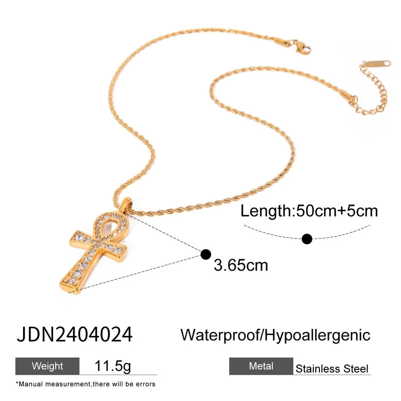 Minimalist Classic Style Cross 304 Stainless Steel Natural Stone Rhinestones Zircon 18K Gold Plated Pendant Necklace