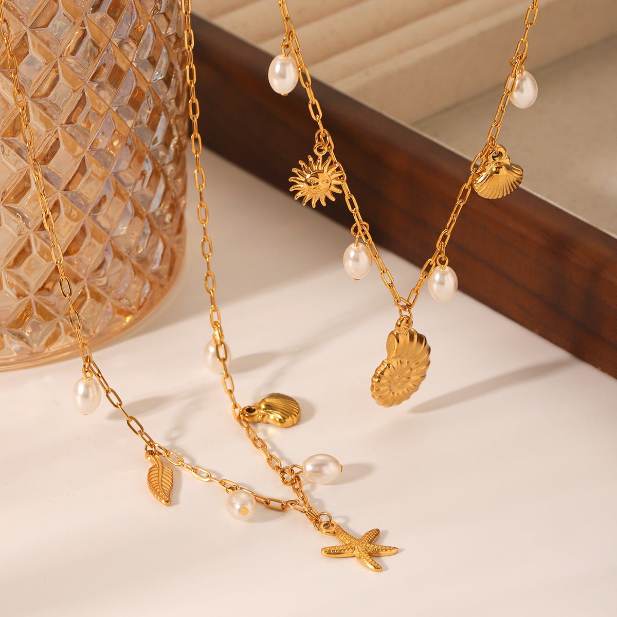 Beach Ocean Style Stainless Steel Starfish Conch Shell Pendant Necklace Women'S Pearl Necklace Design Necklace