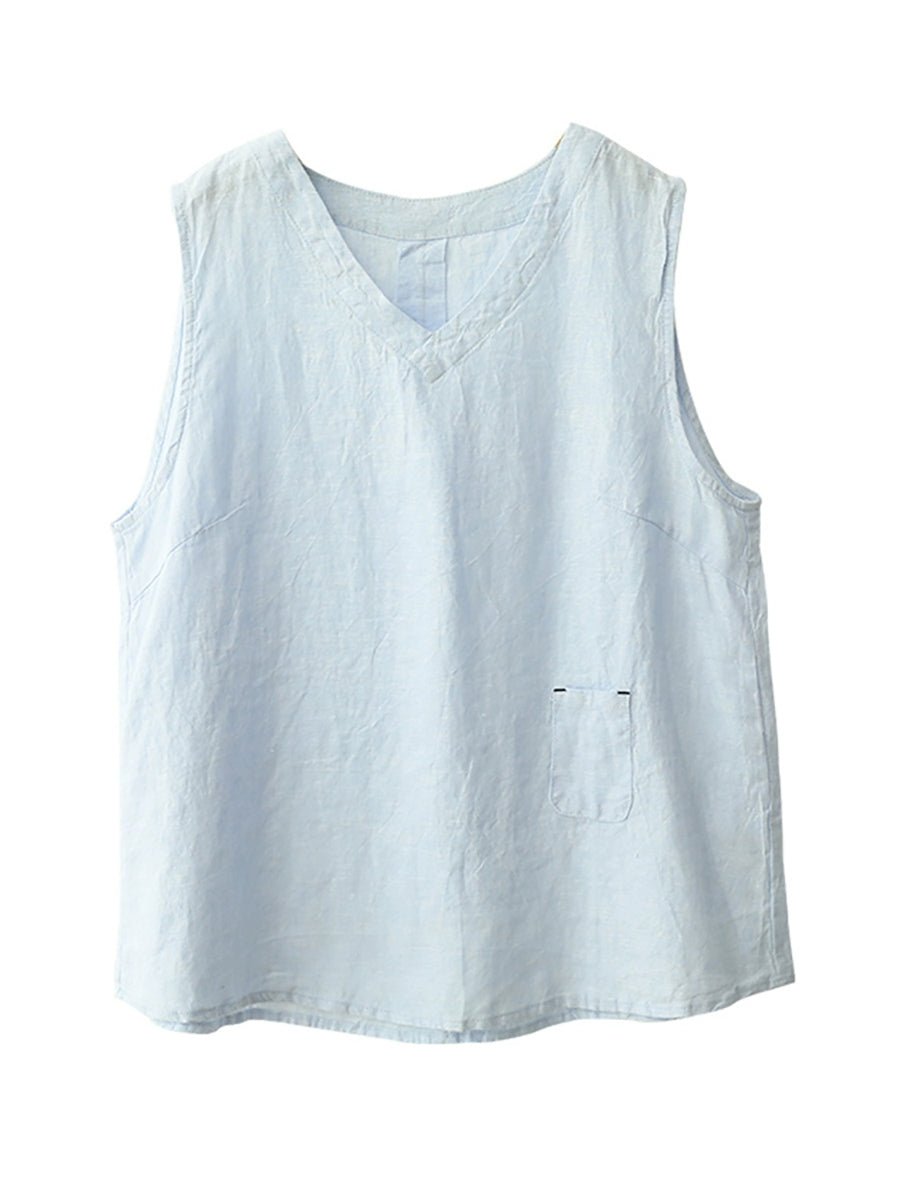 Women Summer Casual Pure Color 100%Linen V-Neck Vest
