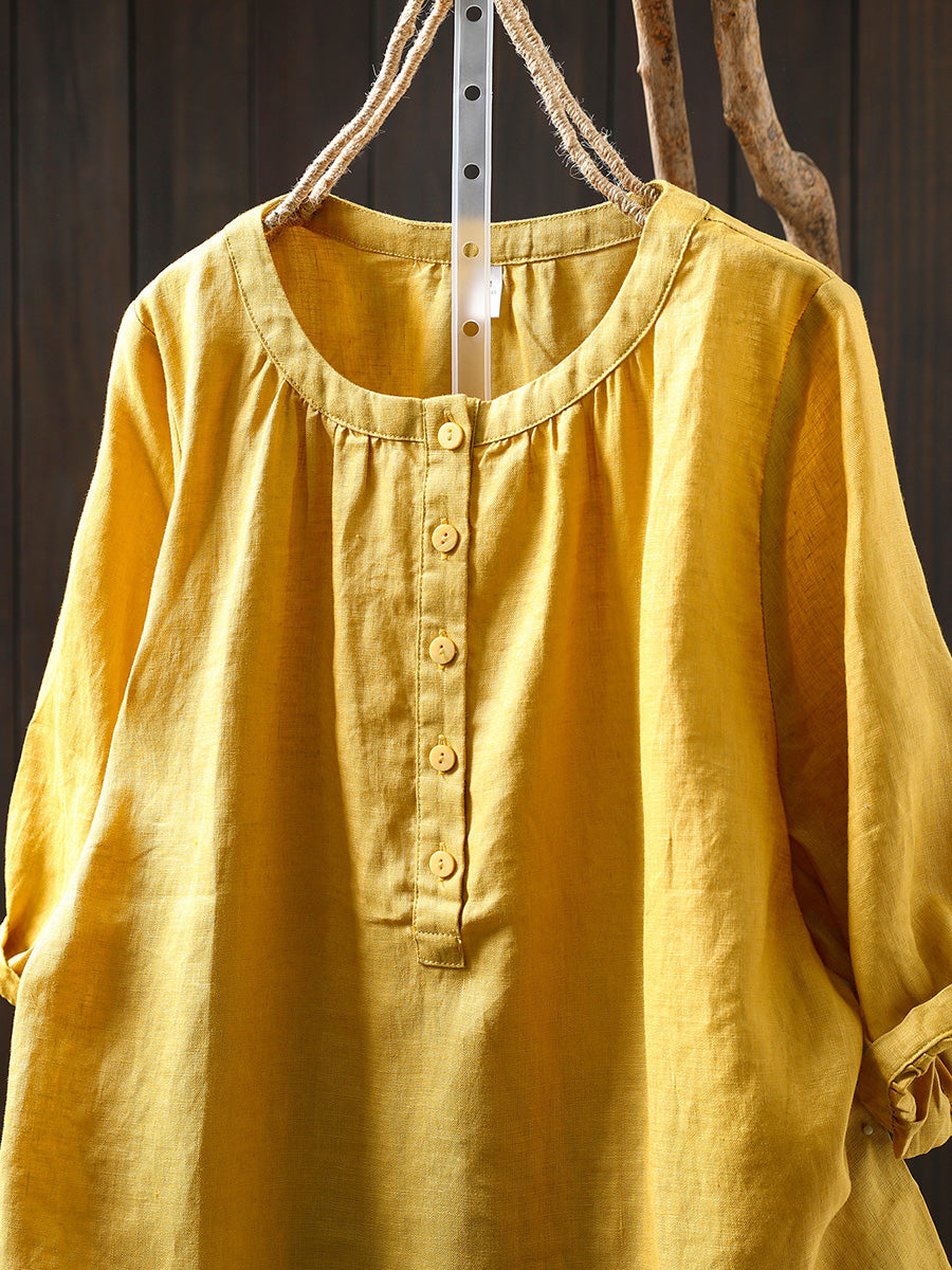 Women Summer Pure Color Button 100%Linen O-Neck Shirt