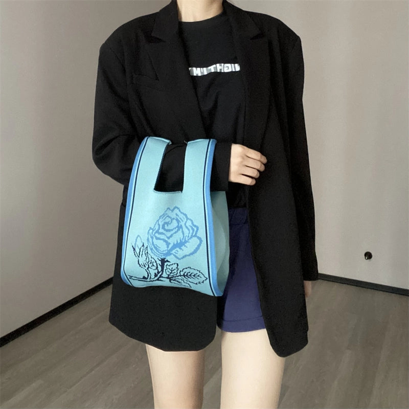 Women's Small Knit Printing Lattice Flower Elegant Classic Style Square Open Handbag