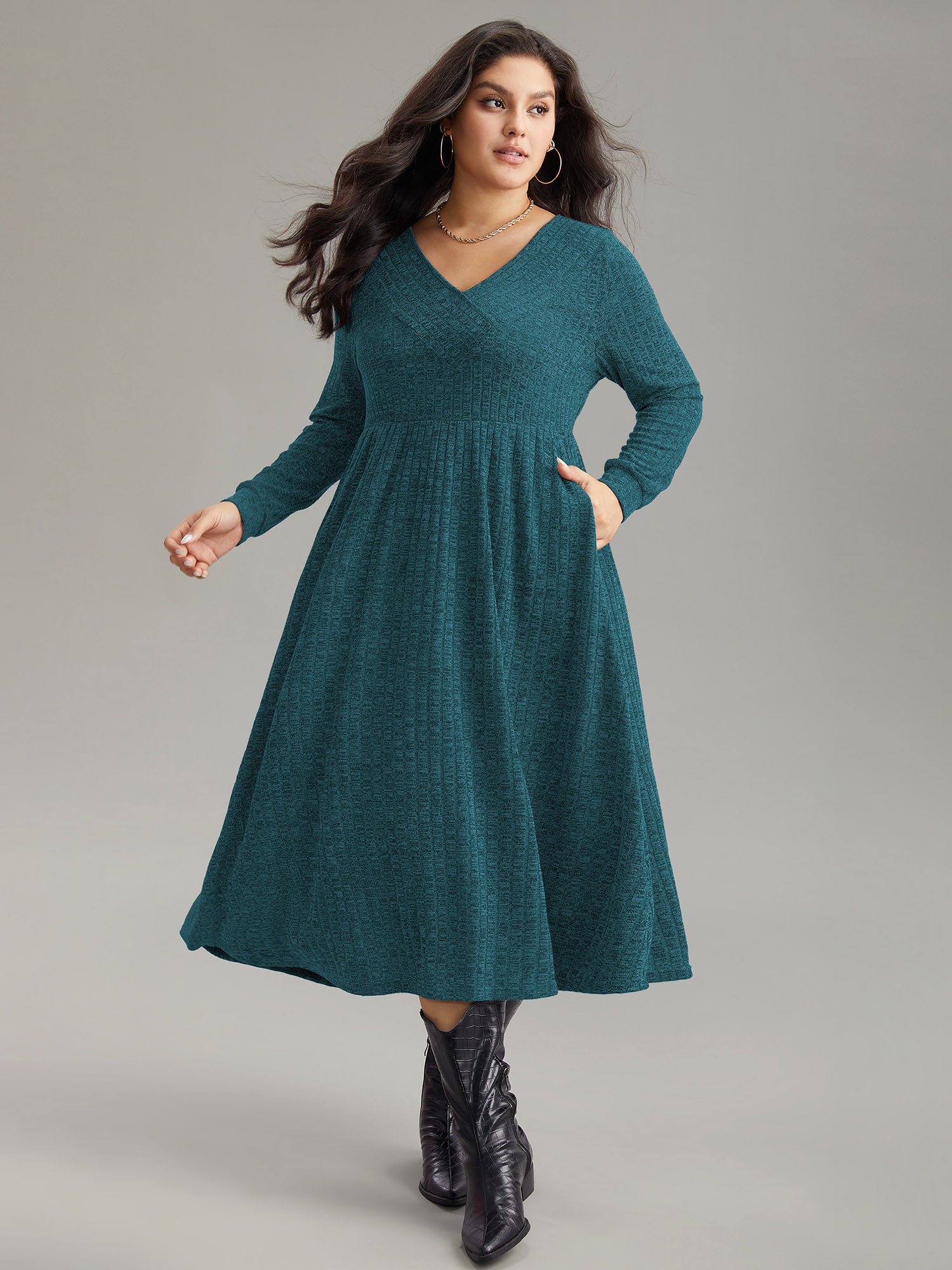 Rib Knit Plain Plisse Long Sleeve Dress