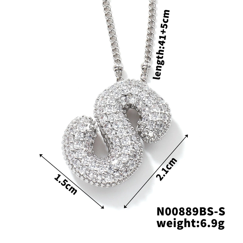 304 Stainless Steel Copper Rhodium Plated Three-dimensional Inlay Letter Zircon Pendant Necklace