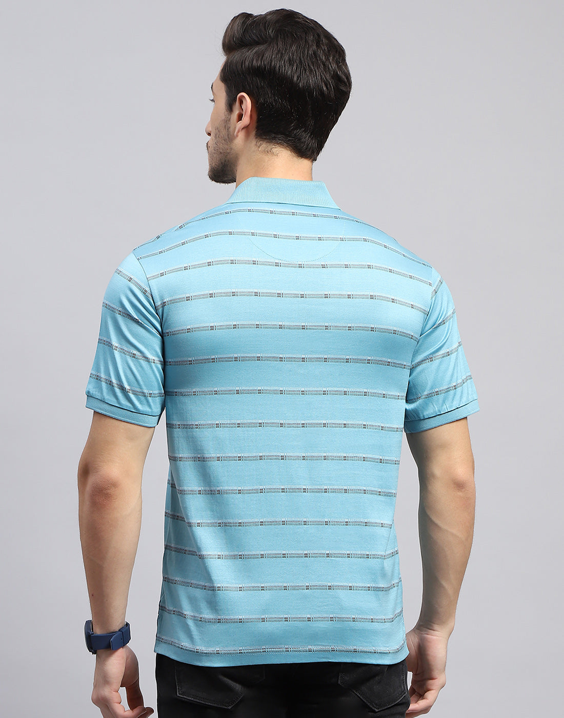 Men Sky Blue Stripe Polo Collar Half Sleeve T-Shirt