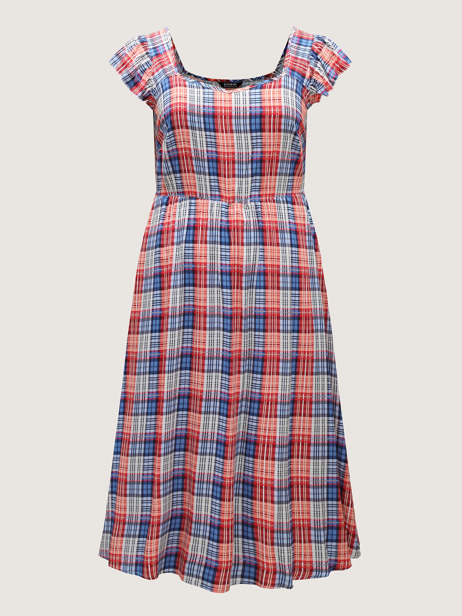Plaid Print Flutter Sleeve Pockets Midi Dress