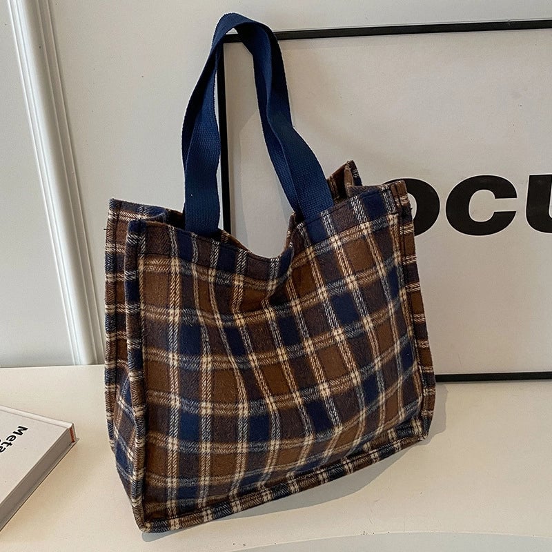 Women's Large Woolen Lattice Elegant Streetwear Square Open Tote Bag