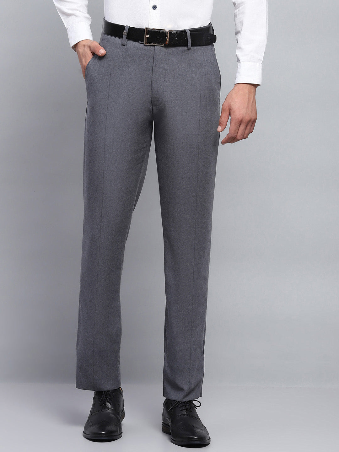 Men Grey Solid Smart Fit Trouser