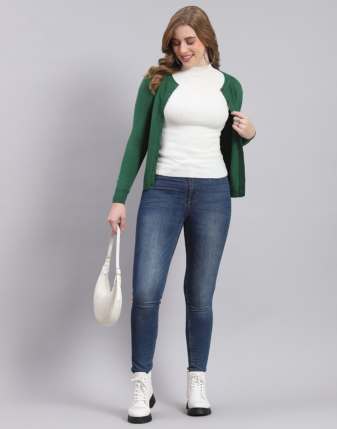 Women Green Solid Round Neck Full Sleeve Cardigan