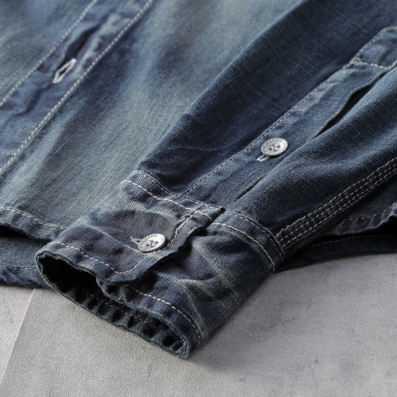 Vintage Stand Collar Denim Long Sleeve Shirt