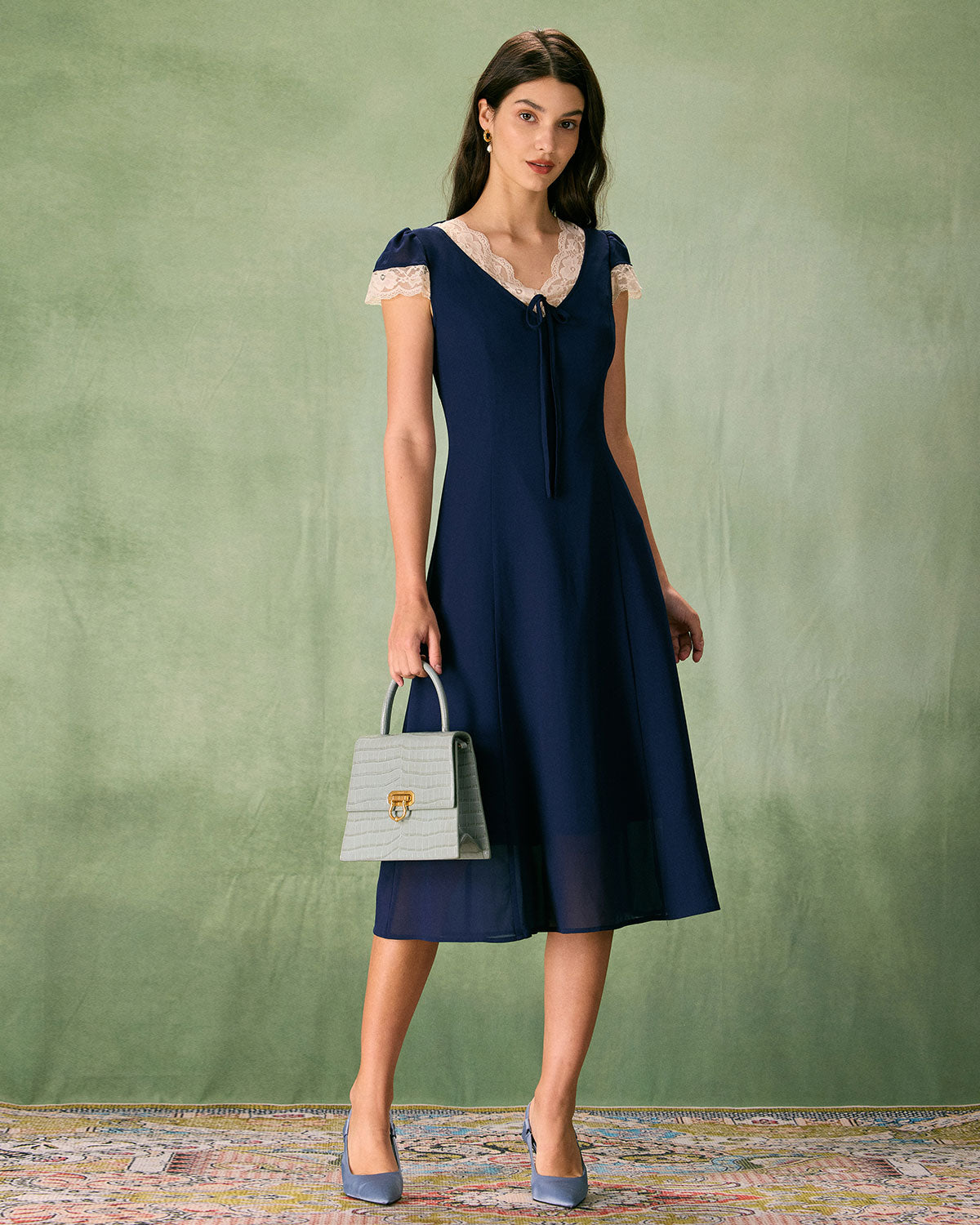 The Navy V-Neck Lace Trim Midi Dress